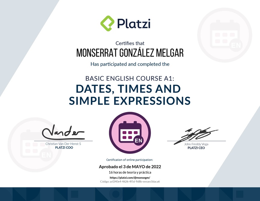 Diploma del Curso de Inglés Básico A1: Fechas, Horas y Expresiones Simples