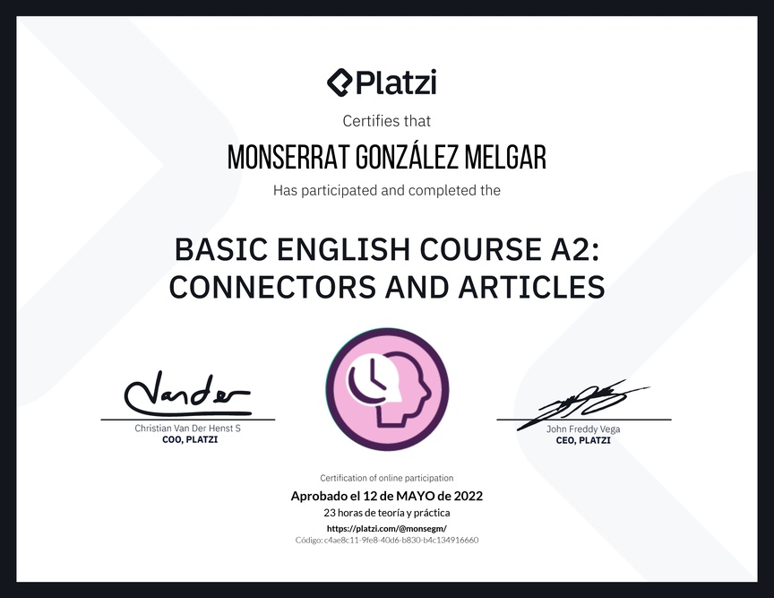 Diploma del Curso de Inglés Básico A2: Conectores y Artículos