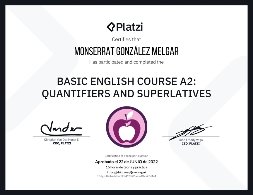 Diploma del Curso de Inglés Básico A2: Cuantificadores y Superlativos