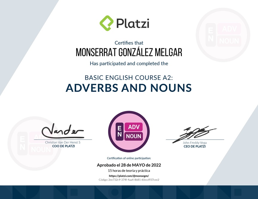 Diploma del Curso de Inglés Básico: Adverbios y Sustantivos (2021)