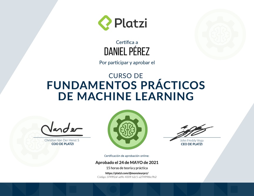 Diploma del Curso de Fundamentos Prácticos de Machine Learning