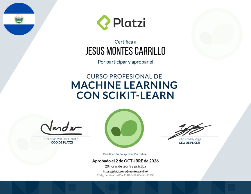 Diploma del Curso Profesional de Machine Learning con scikit-learn