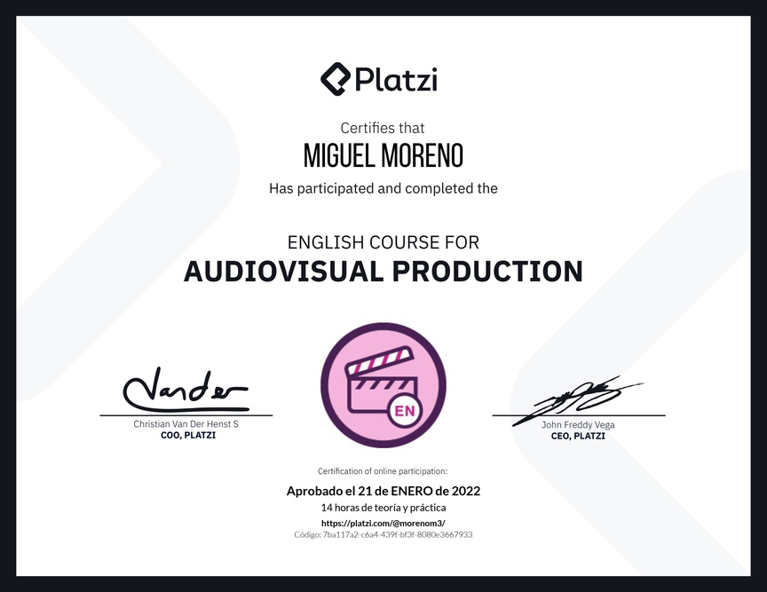 Diploma del Curso de Inglés para Producción Audiovisual (2020)