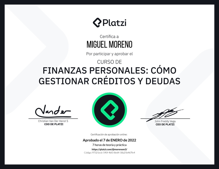 Diploma del Curso de Finanzas Personales: Cómo Gestionar Créditos y Deudas