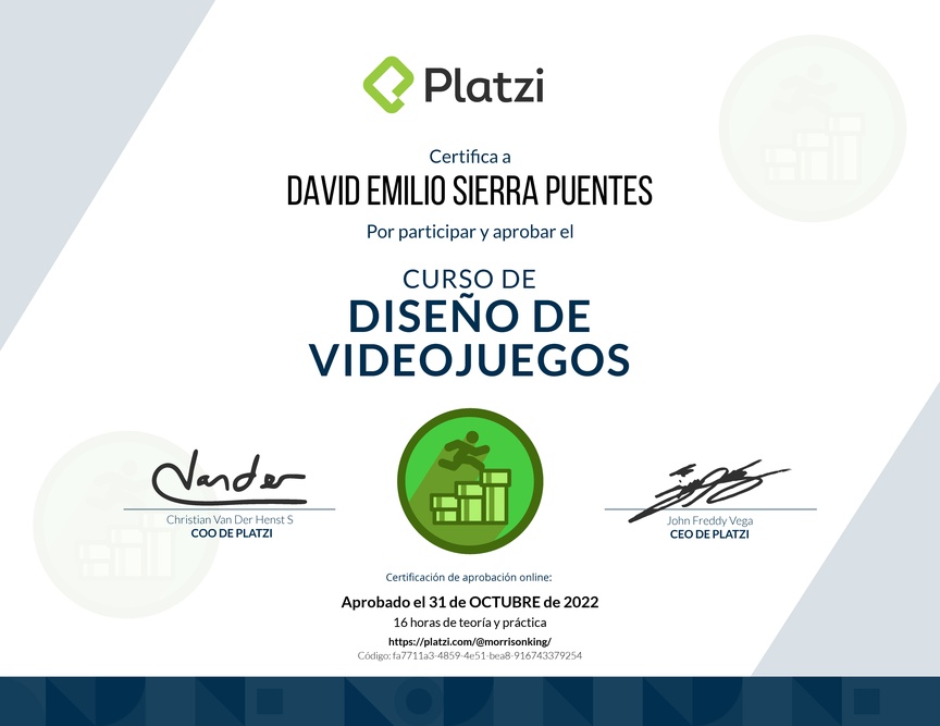 Diploma del Curso de Diseño de Videojuegos