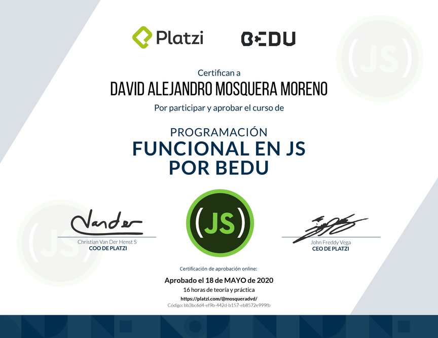Diploma del Curso de Programación Funcional en JavaScript por Bedu