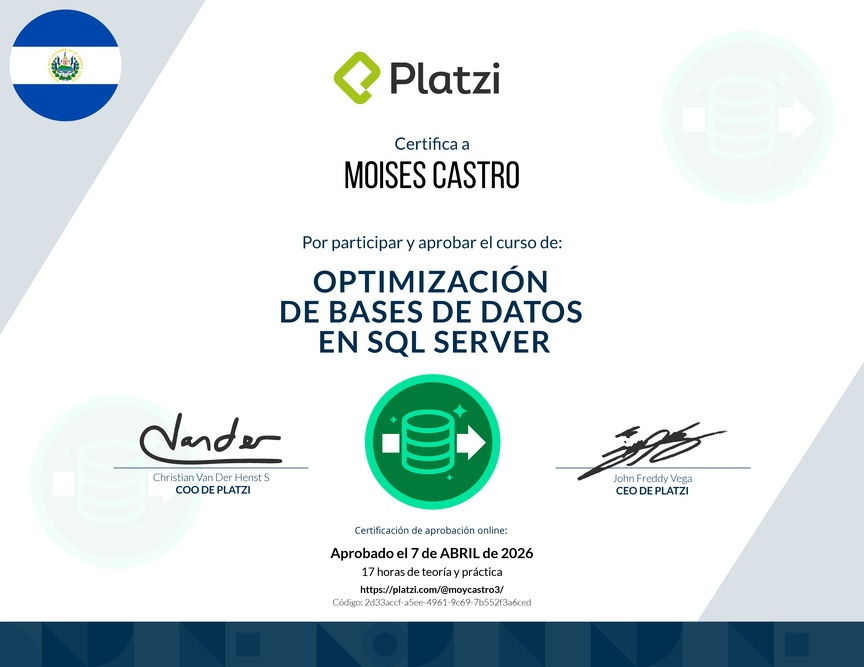 Diploma del Curso de Optimización de Bases de Datos en SQL Server
