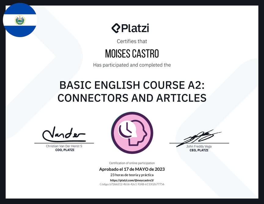 Diploma del Curso de Inglés Básico A2: Conectores y Artículos