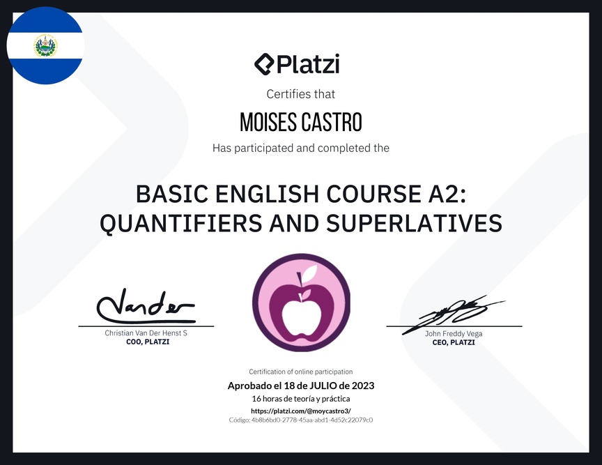 Diploma del Curso de Inglés Básico A2: Cuantificadores y Superlativos