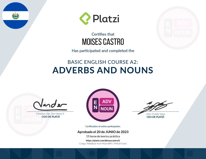 Diploma del Curso de Inglés Básico: Adverbios y Sustantivos (2021)