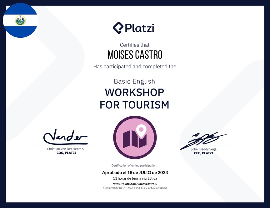 Diploma del Curso de Inglés Práctico para Viajes de Turismo