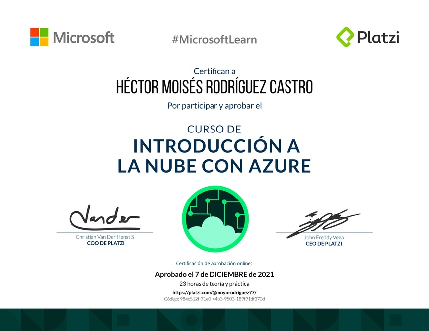 Diploma del Curso de Introducción a la Nube con Azure