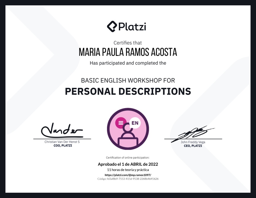 Diploma del Curso de Inglés Práctico para Descripciones Personales (2020=