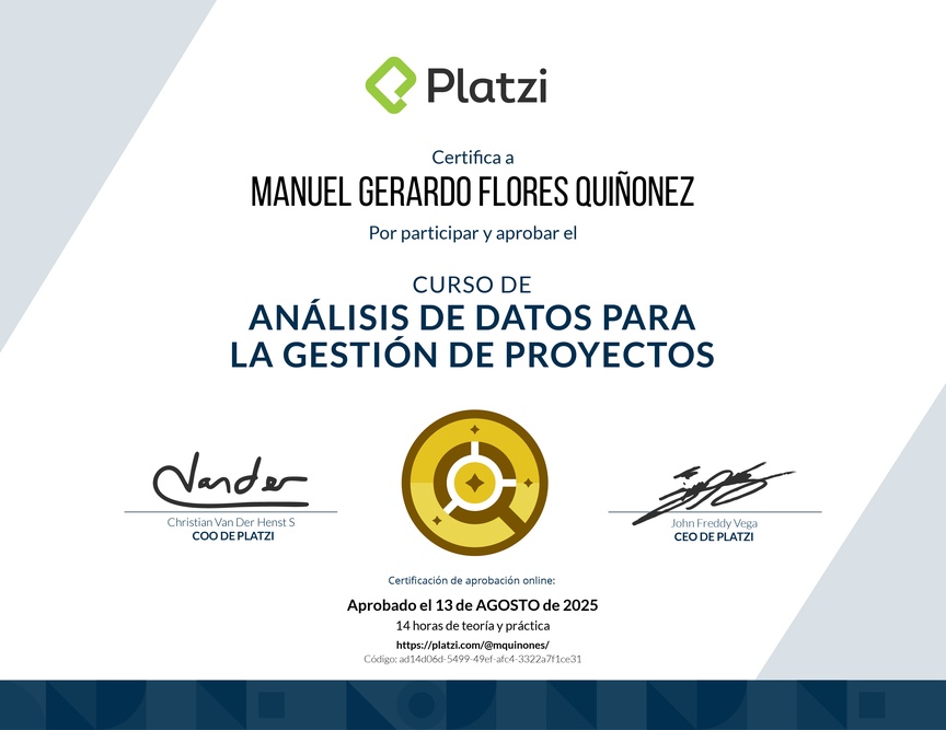 Diploma del Curso de Análisis de Datos para la Gestión de Proyectos