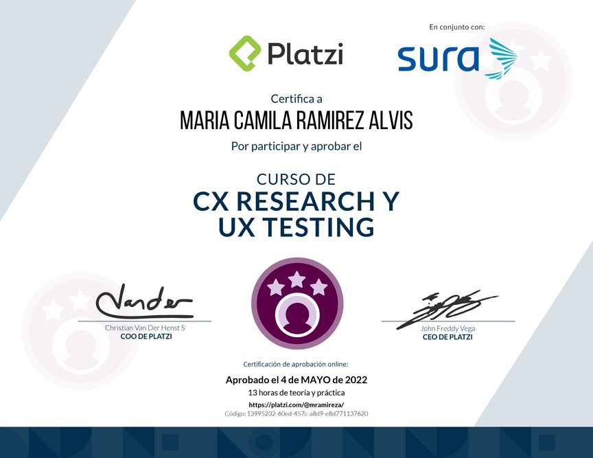Diploma del Curso de CX Research y UX Testing
