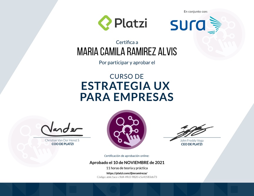 Diploma del Curso de Estrategias UX para Empresas