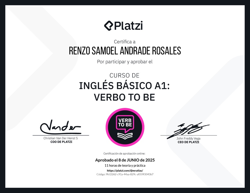 Diploma del Curso de Inglés Básico A1: Verbo To Be