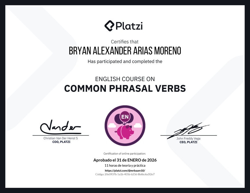 Diploma del Curso de Phrasal Verbs Comunes en Inglés