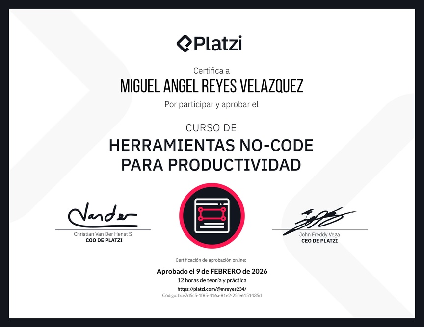 Diploma del Curso de Herramientas No-Code para la Productividad