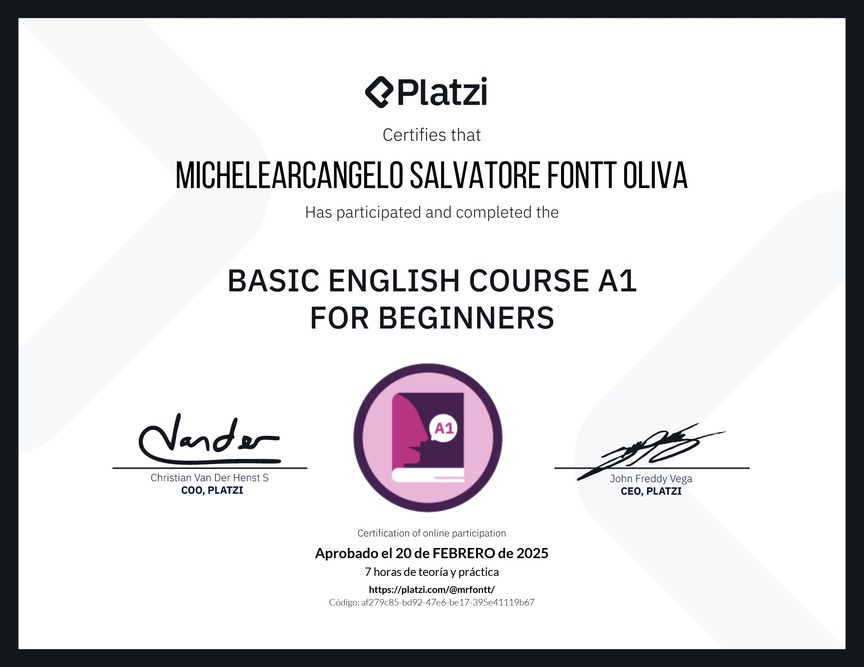 Diploma del Curso de Inglés Básico A1 para Principiantes