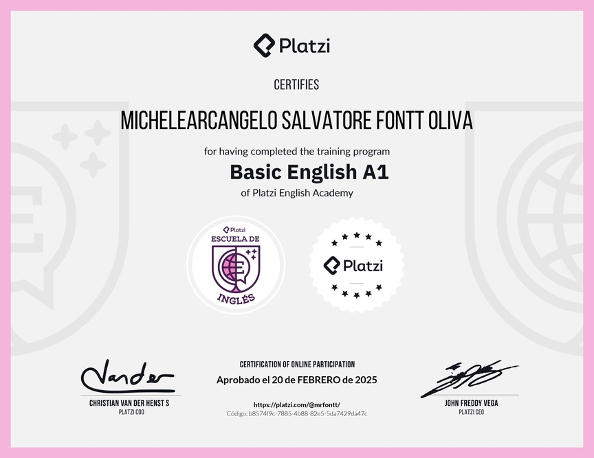 Diploma de la Ruta de Aprendizaje de Inglés Básico A1