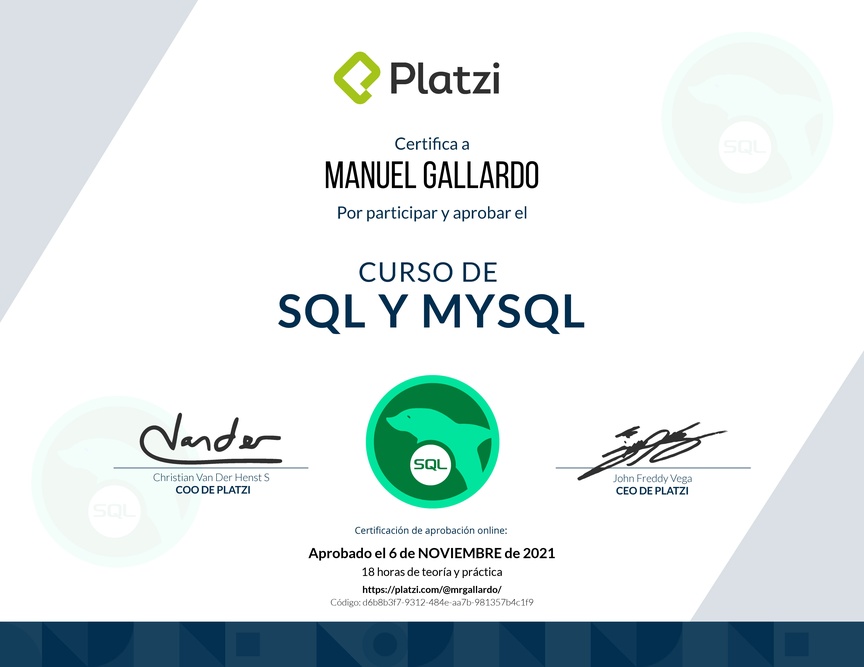 Diploma del Curso de SQL y MySQL 2018