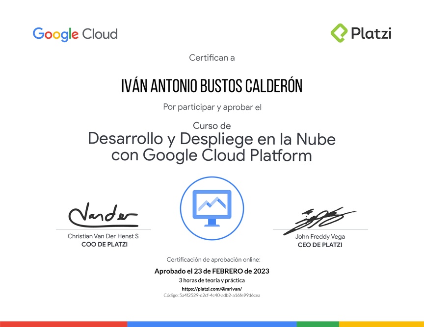Diploma del Curso de Desarrollo y Despliegue en la Nube con Google Cloud Platform
