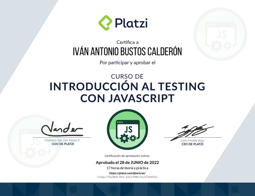 Diploma del Curso de Introducción al Testing con JavaScript