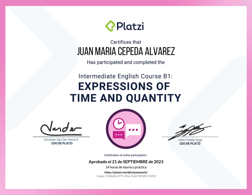 Diploma del Curso de Inglés Intermedio B1: Expresiones de Tiempo y Cantidad