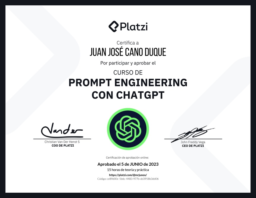 Diploma del Curso de Prompt Engineering con ChatGPT