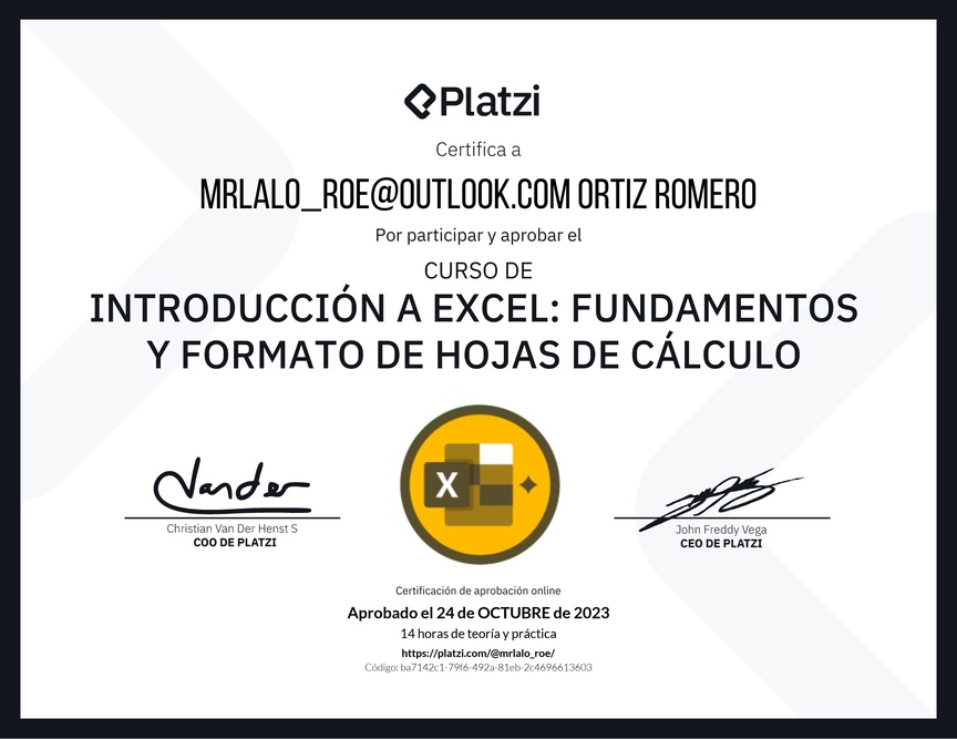 Diploma del Curso de Introducción a Excel para Principiantes: Fundamentos y Formato de Hojas de Cálculo