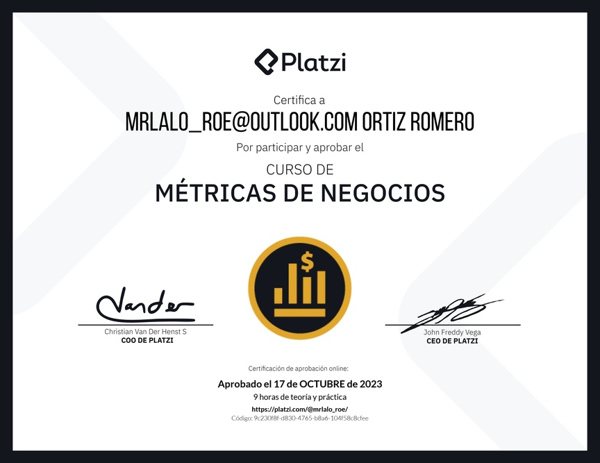Diploma del Curso de Métricas Esenciales de Negocio