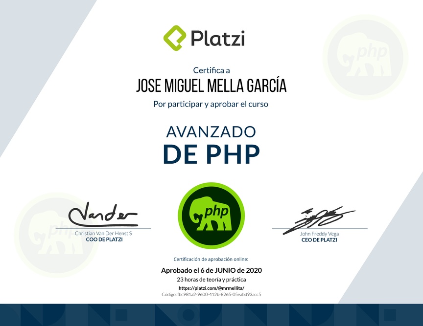 Diploma del Curso Avanzado de PHP