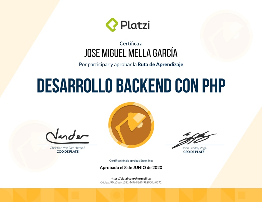 Diploma de la Ruta de Aprendizaje de Desarrollo Web Backend con PHP