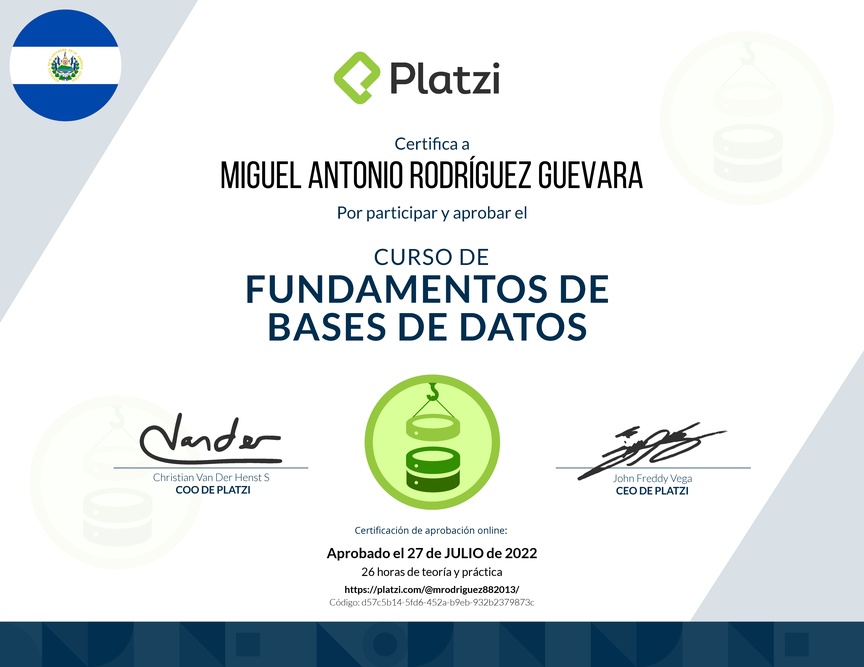Diploma del Curso de Fundamentos de Bases de Datos 2019
