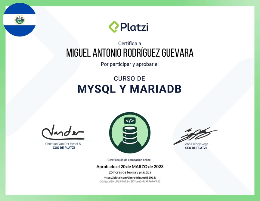 Diploma del Curso de Bases de Datos con MySQL y MariaDB