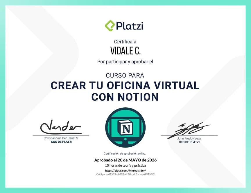 Diploma del Curso para Crear tu Oficina Virtual con Notion