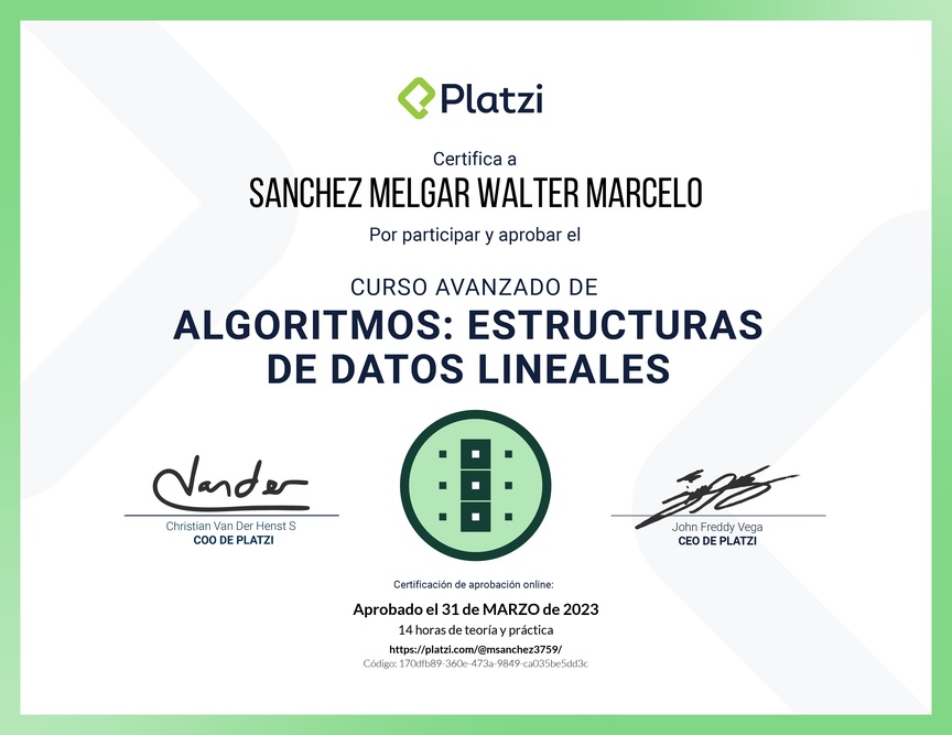 Diploma del Curso de  Algoritmos Avanzados: Estructuras de Datos Lineales