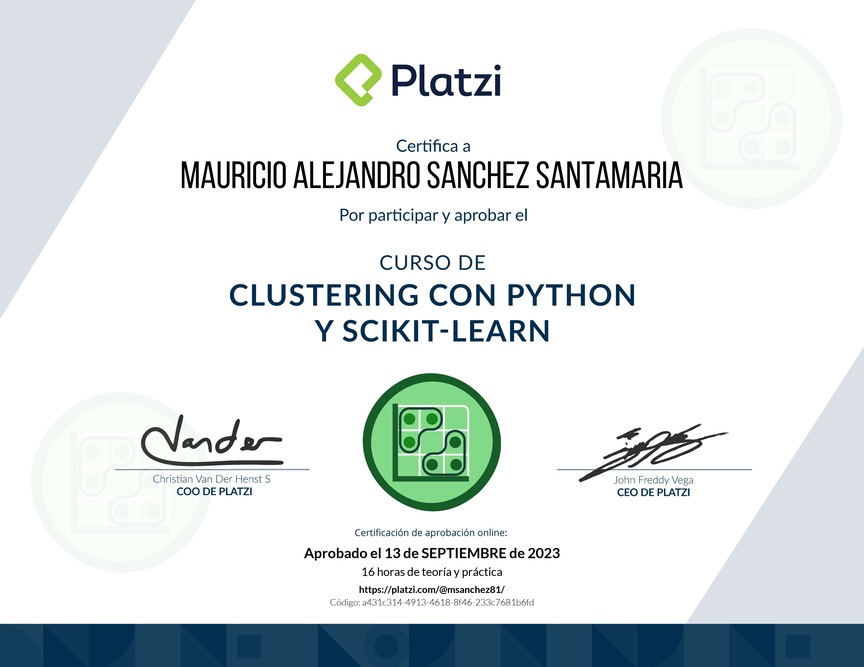 Diploma del Curso de Clustering con Python y scikit-learn