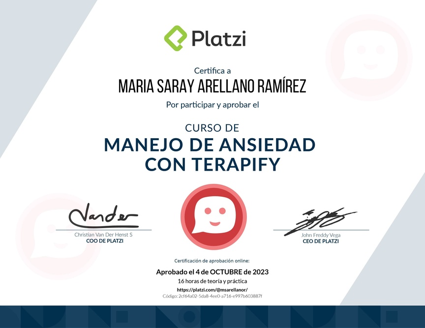 Diploma del Curso de Manejo de Ansiedad con Terapify