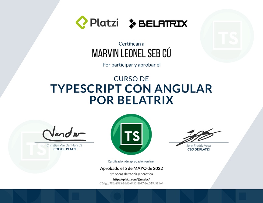 Diploma del Curso de TypeScript con Angular por Belatrix