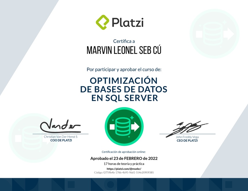 Diploma del Curso de Optimización de Bases de Datos en SQL Server