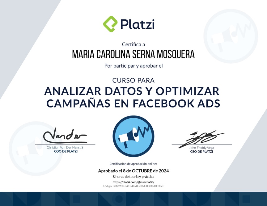 Diploma del Curso para Analizar Datos y Optimizar Campañas en Facebook Ads