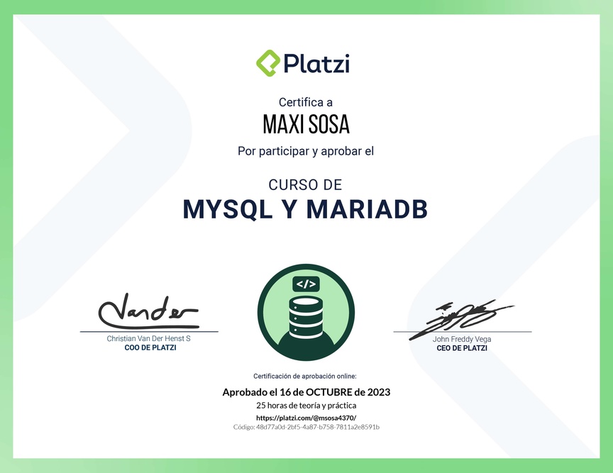 Diploma del Curso de Bases de Datos con MySQL y MariaDB