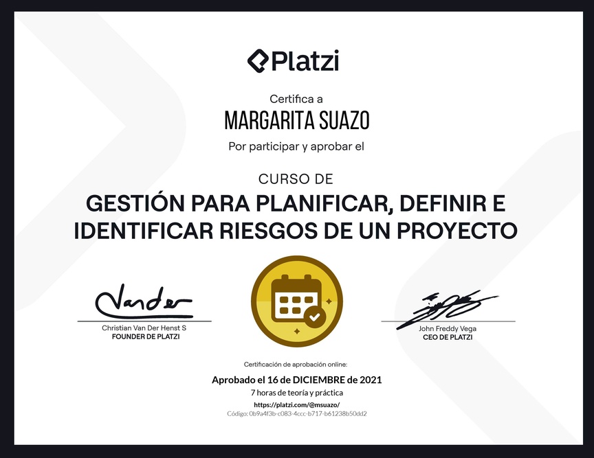 Diploma del Curso de Gestión para Planificar, Definir e Identificar Riesgos de un Proyecto