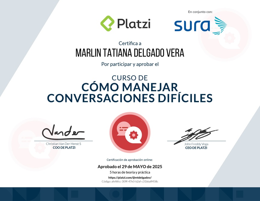 Diploma del Curso de Cómo Manejar Conversaciones Difíciles con Clientes