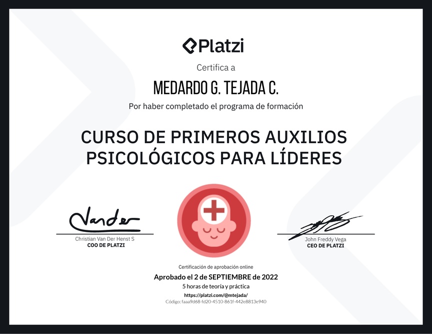 Diploma del Curso de Primeros Auxilios Psicológicos para Líderes