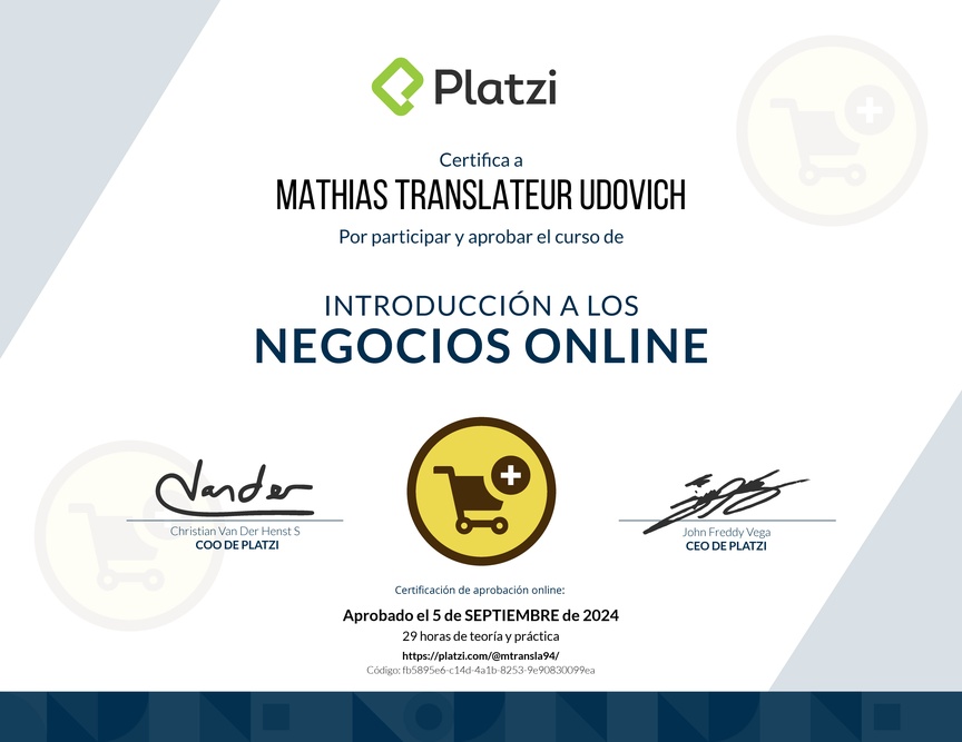 Diploma del Curso de Introducción a los Negocios Online en Ecommerce