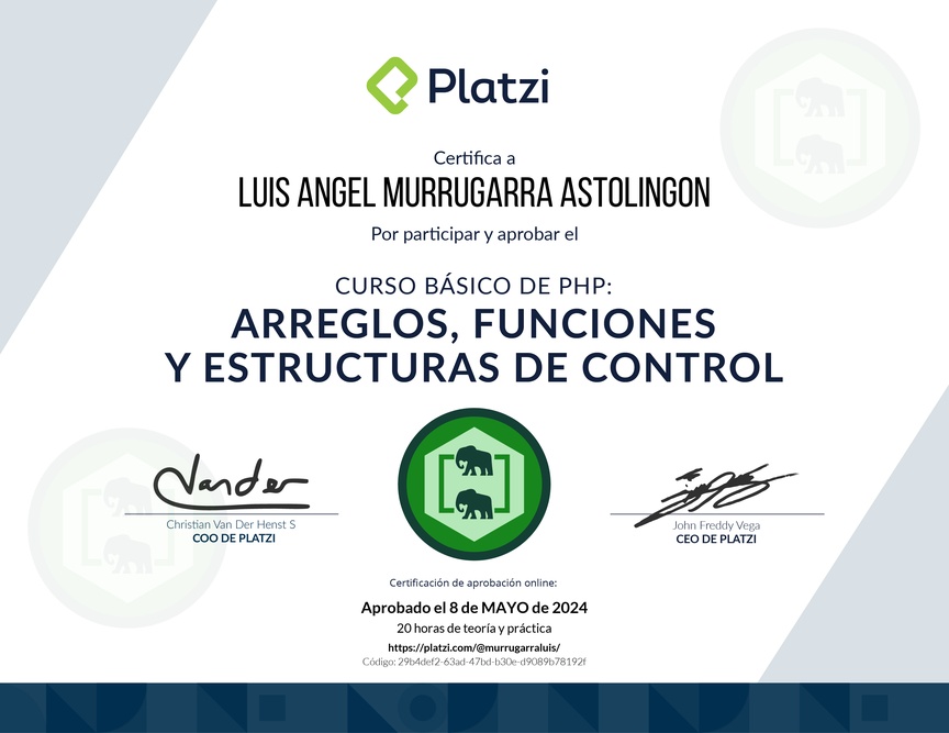 Diploma del Curso de PHP: Arreglos, Funciones y Estructuras de Control