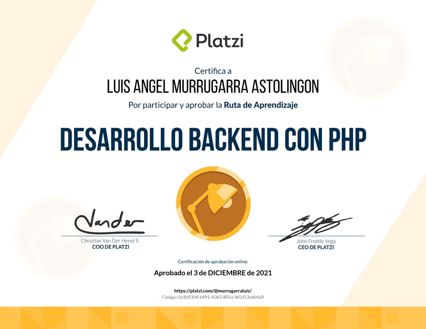 Diploma de la Ruta de Aprendizaje de Desarrollo Web Backend con PHP